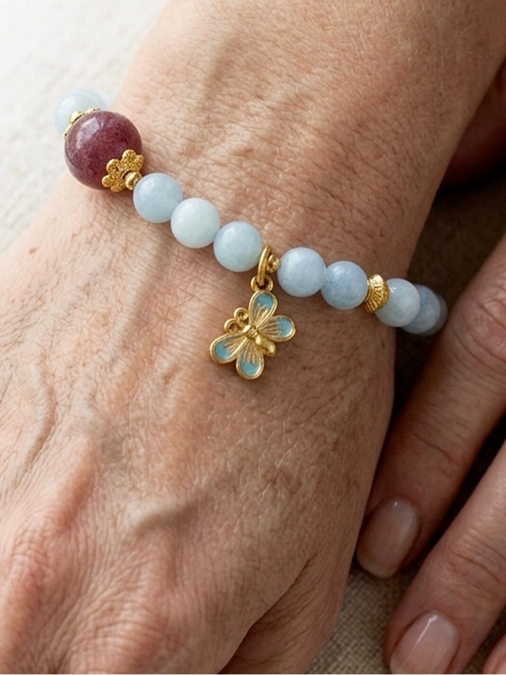 Aquamarine & Strawberry Quartz Beads -Butterfly Charm